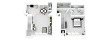 A white floor plan of a two-story house with a living room, kitchen, and bathrooms.