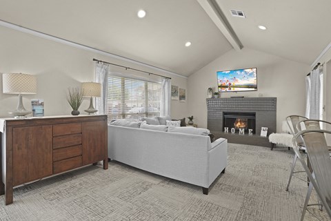 A modern bedroom with a fireplace and a television.