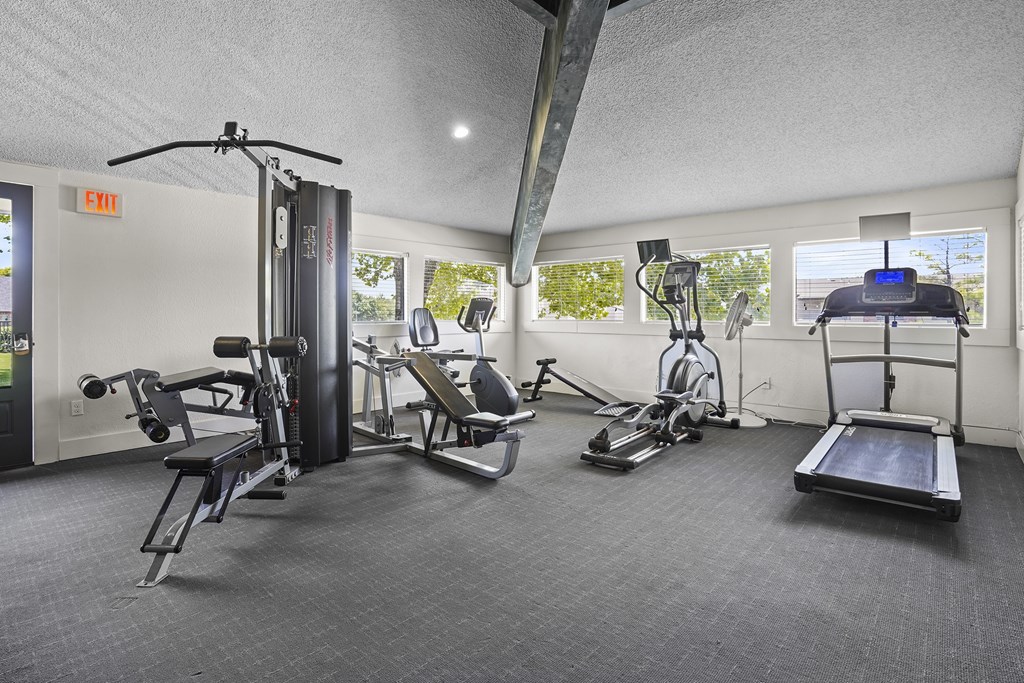 A gym with a variety of equipment including a treadmill, weights, and a rowing machine.