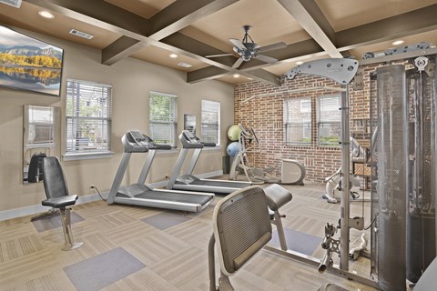 A gym with treadmills, weights, and exercise equipment.