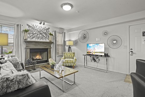 A modern living room with a fireplace and a TV.