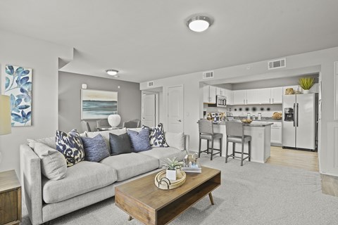 A modern living room with a grey couch and a coffee table.