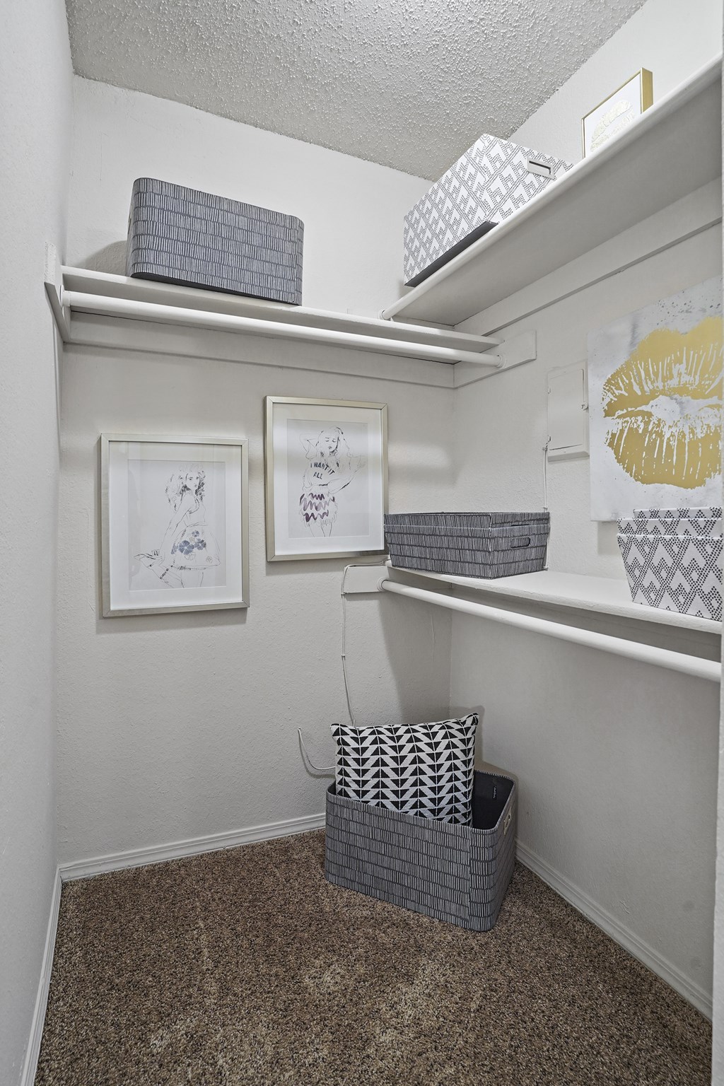 A small room with a carpeted floor and a shelf with storage baskets and pictures.