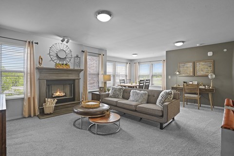 A living room with a fireplace and a grey couch.