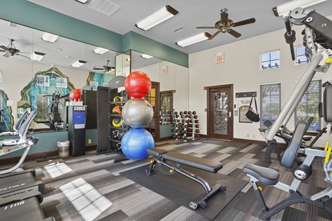 A gym with a variety of equipment including a treadmill, weights, and a fan.