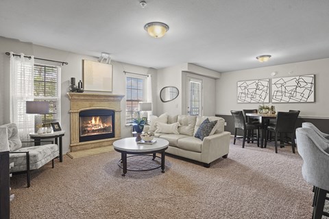 A living room with a fireplace and a couch.