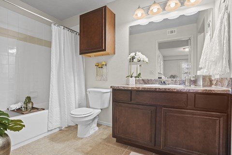 A bathroom with a white toilet and a brown cabinet.