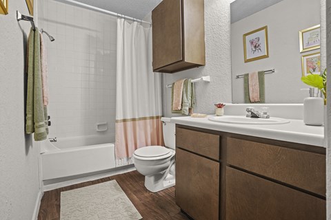 A bathroom with a toilet, sink, and shower.