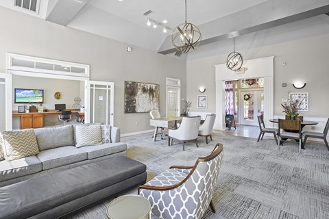 A living room with a grey sofa and a white and grey patterned armchair.