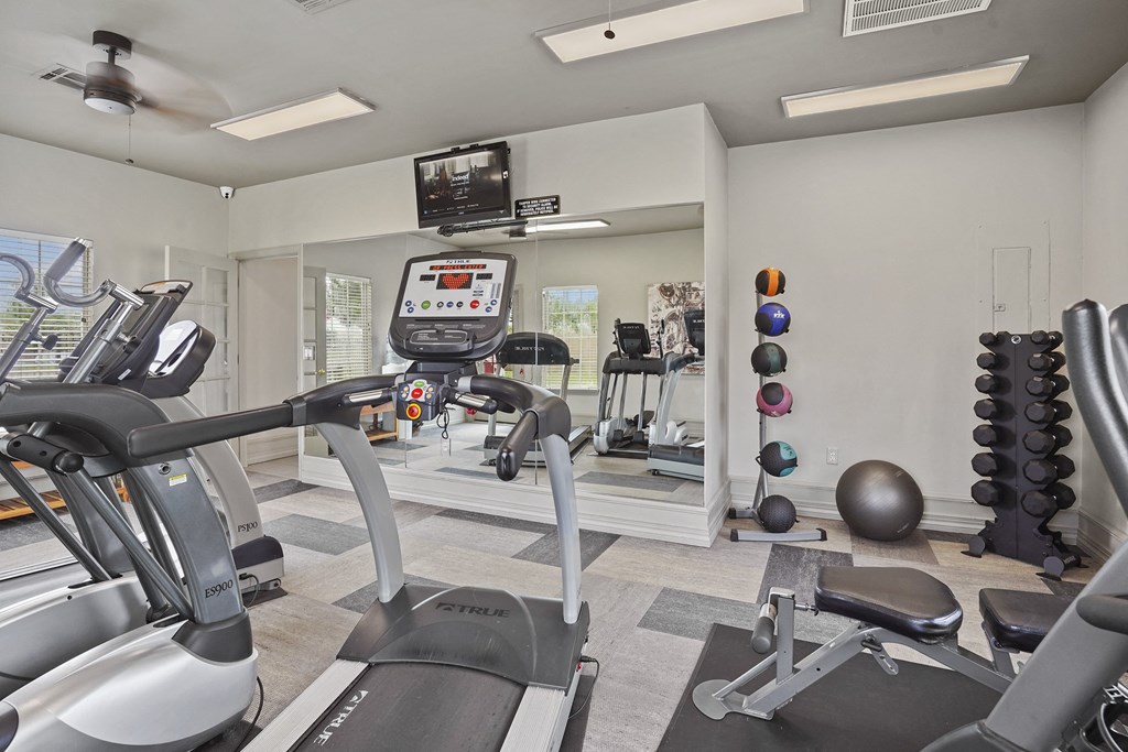 A gym with treadmills, exercise balls, and other equipment.