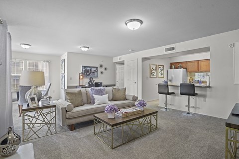 A well-lit living room with a couch, coffee table, and a television.