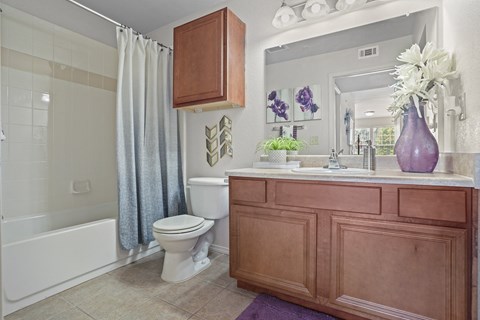 A bathroom with a white toilet and a purple vase.