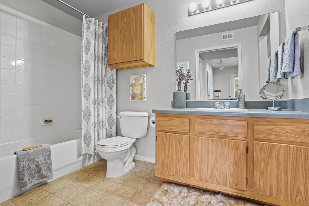 A bathroom with a toilet, sink, and mirror.