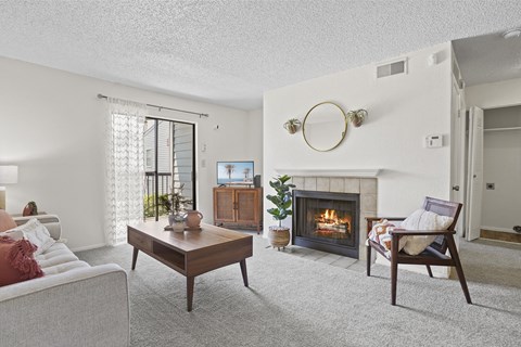 A living room with a fireplace and a couch.