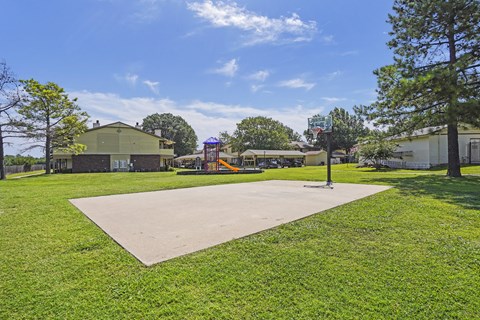 A playground with a slide and a basketball hoop is surrounded by green grass and trees.