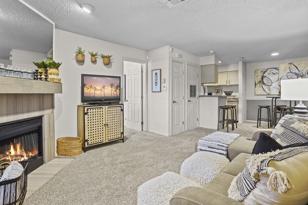 A living room with a fireplace and a couch.