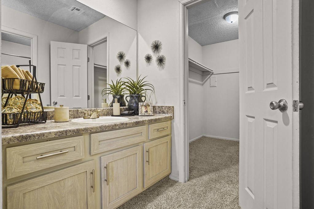 A kitchen with wooden cabinets and a countertop with a plant on it.