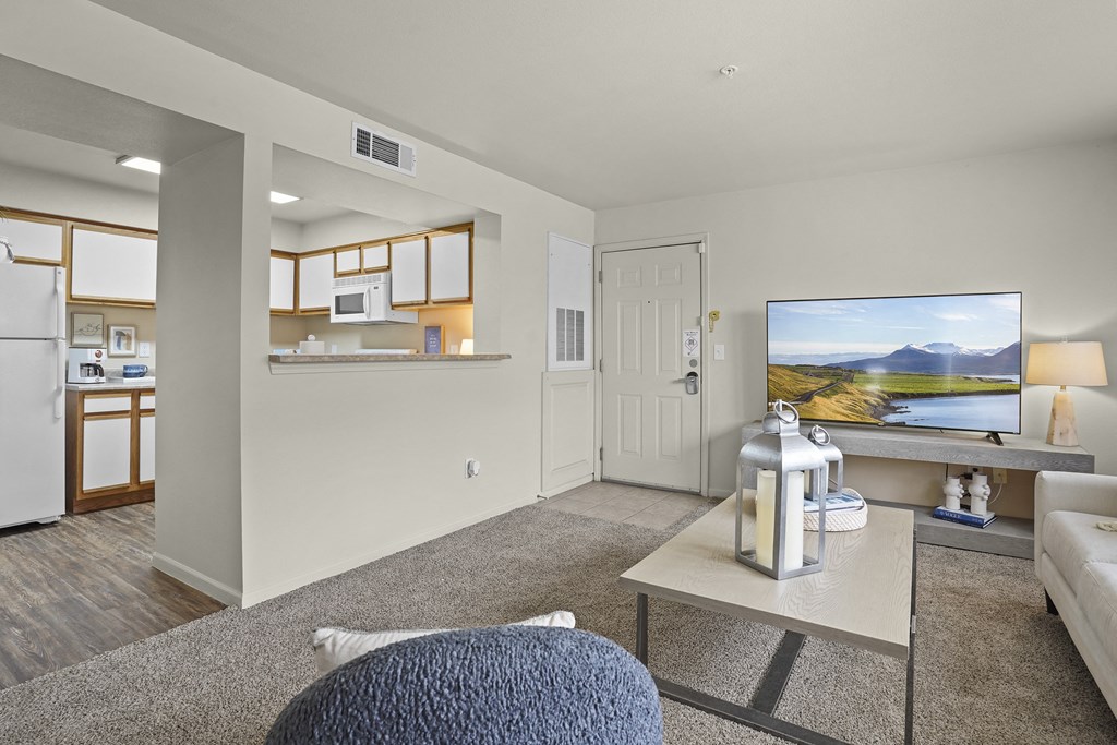 A living room with a grey sofa and a television.