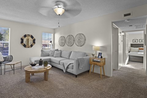 A living room with a grey couch, a wooden coffee table, and a mirror on the wall.