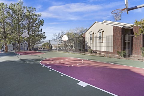 A basketball court with a basketball hoop and a building in the background.