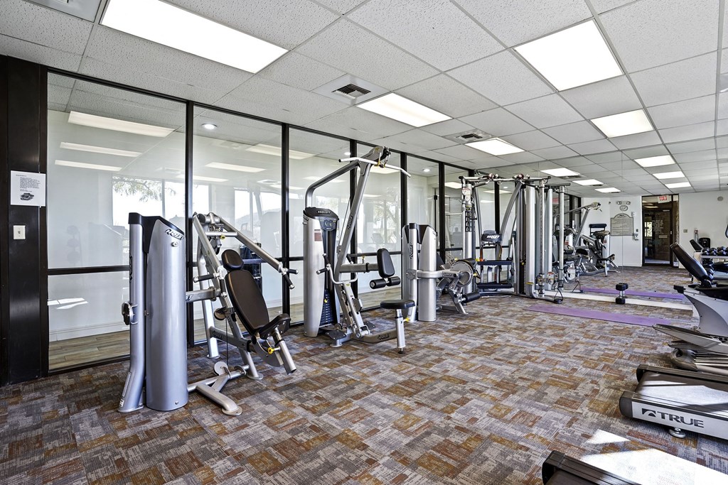 A gym with a variety of equipment including treadmills, weights, and exercise machines.