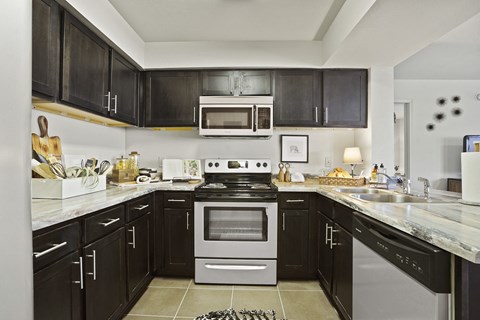 A modern kitchen with black cabinets and stainless steel appliances.