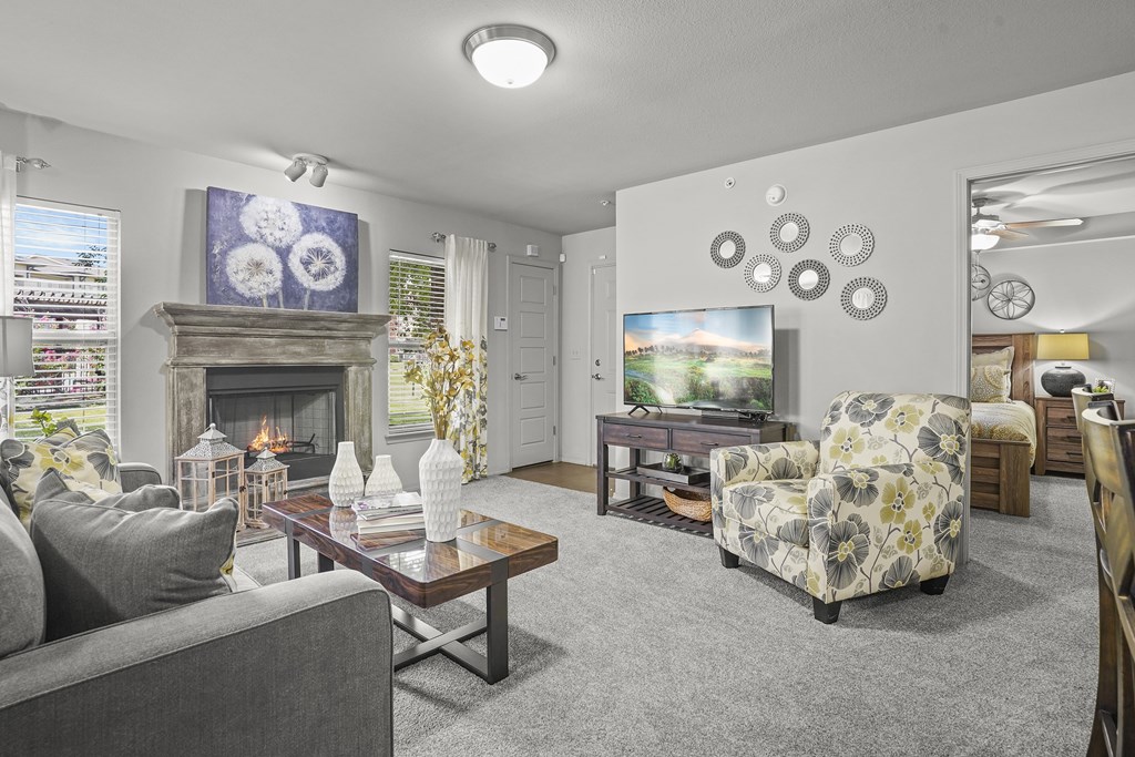 A living room with a grey couch, a coffee table, a fireplace, and a TV.