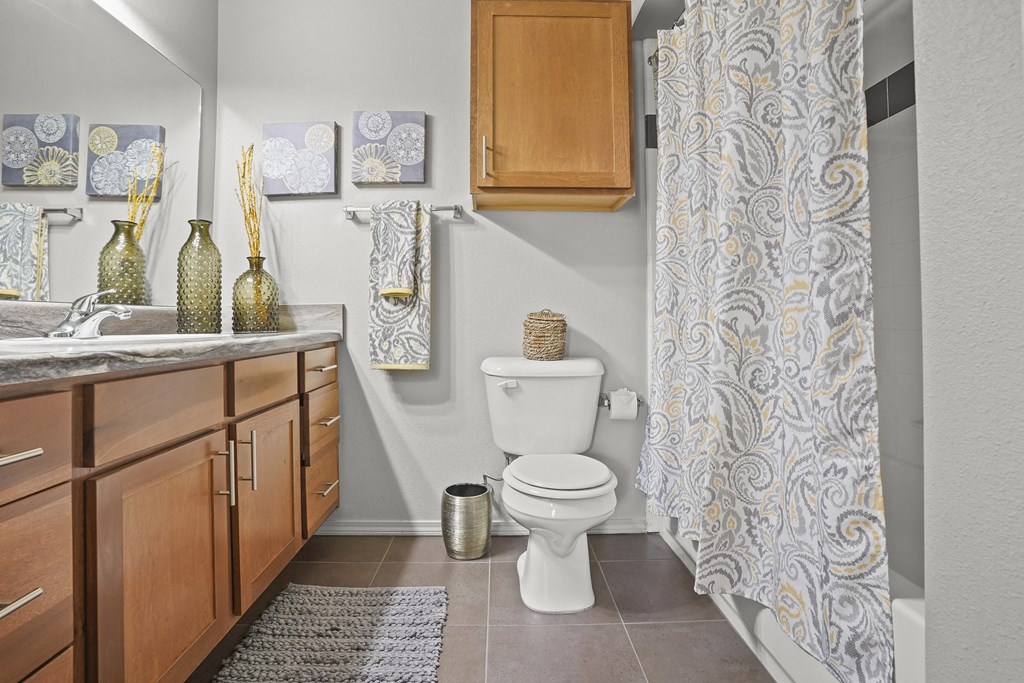A bathroom with a toilet, sink, and shower curtain.