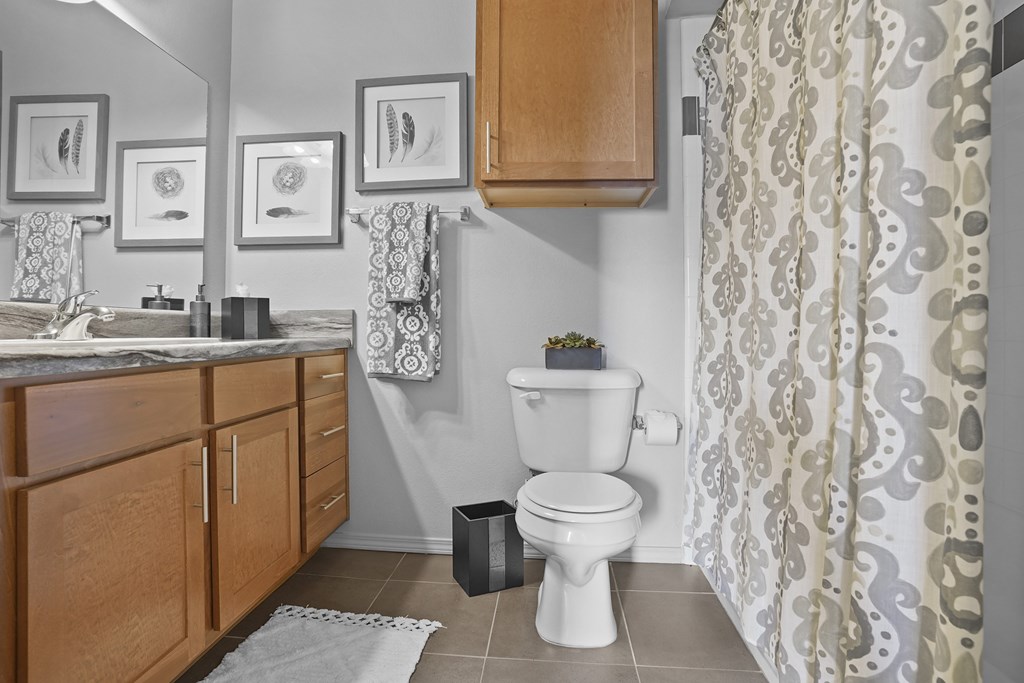 A bathroom with a toilet, sink, and shower curtain.