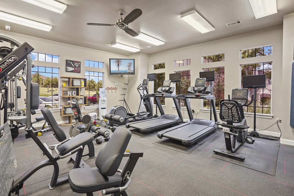 A gym with a variety of equipment including treadmills, weights, and a fan.