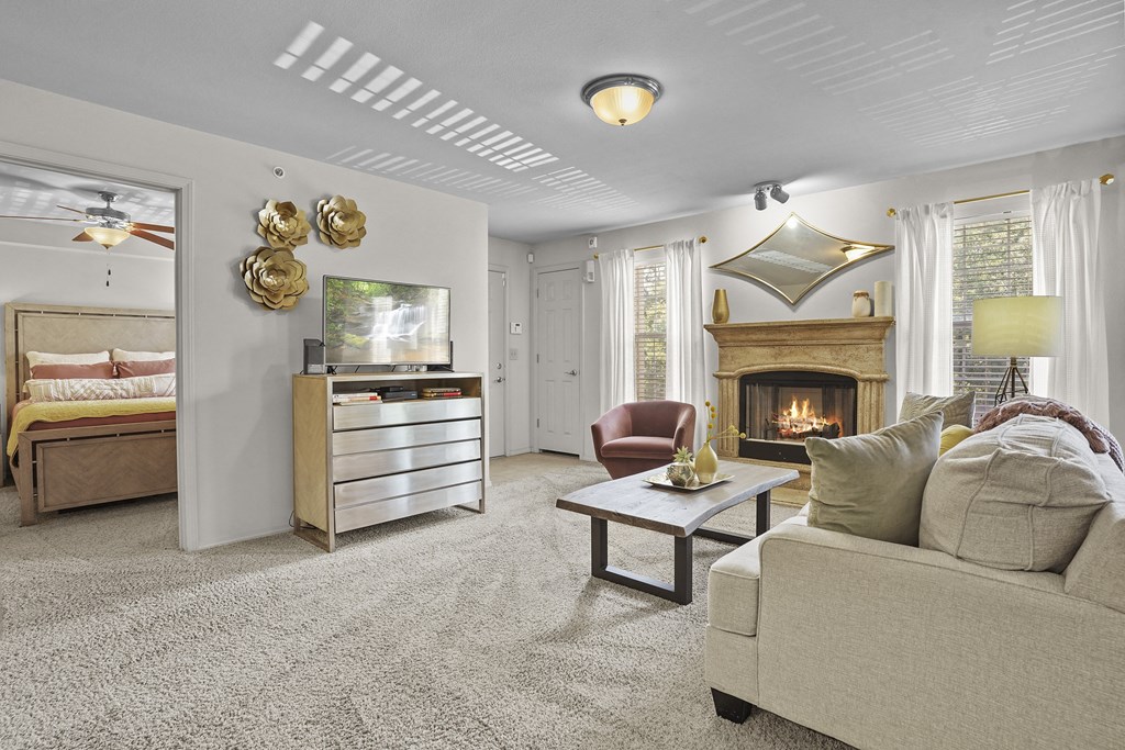 A living room with a fireplace and a couch.