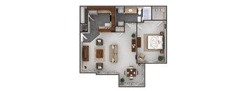 A top-down view of a living room, kitchen, and dining area.