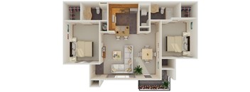 A 3D floor plan of a small apartment with two bedrooms and a living area.