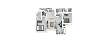 A top-down view of a house layout with a living room, kitchen, and multiple bedrooms.