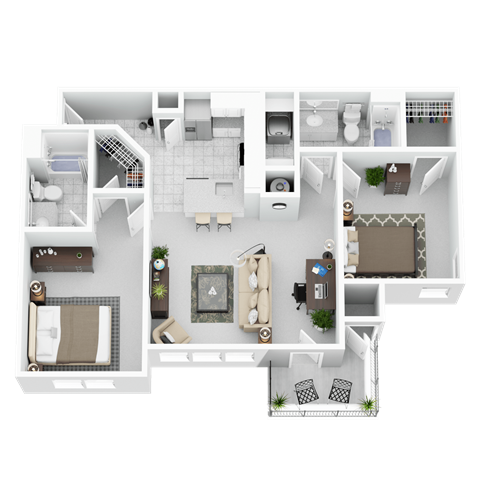 A top-down view of a house layout with a living room, kitchen, and multiple bedrooms.