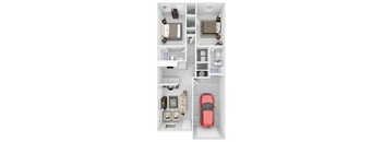 A red car is parked in the bottom right corner of a white room.