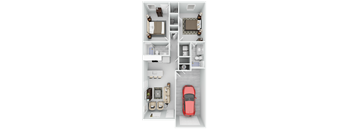 A red car is parked in the garage of a two-story house.
