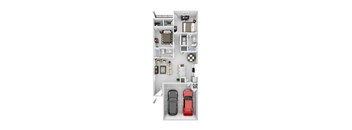 A top-down view of a small apartment with a kitchen, living room, and two bedrooms.