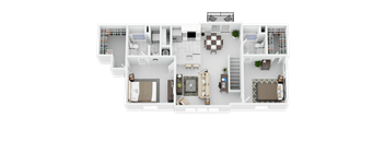 A top-down view of a house layout with a kitchen, living room, and bedrooms.