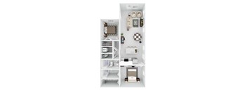A white image of a dollhouse with furniture and appliances.