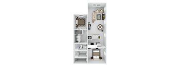 A 3D floor plan of a small apartment with a kitchen, living room, and bathroom.