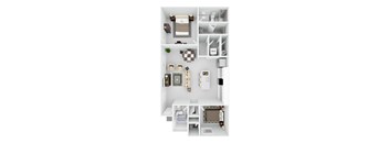 A top-down view of a small apartment with a kitchen, living room, and bathroom.