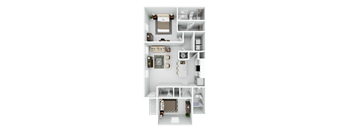 A 3D floor plan of a small apartment with a kitchen, living room, and bedrooms.