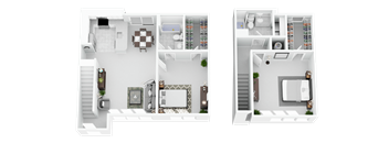 Two images of a house layout with a kitchen, living room, and bathroom.