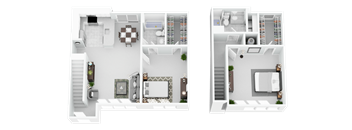 Two floor plans of a house with a kitchen, living room, and bathroom.