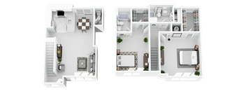 Two images of a house layout with a kitchen, living room, and bathroom.
