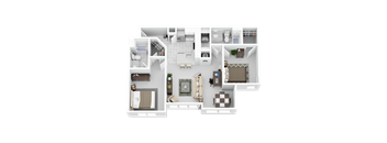 A top-down view of a house layout with a living room, kitchen, and multiple bedrooms.