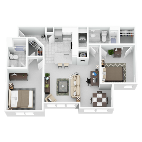 A top-down view of a house layout with a living room, kitchen, and multiple bedrooms.