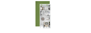 A floor plan of a small apartment with a kitchen, living room, and two bedrooms.