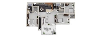 A 3D floor plan of a house with a kitchen, living room, and bedrooms.